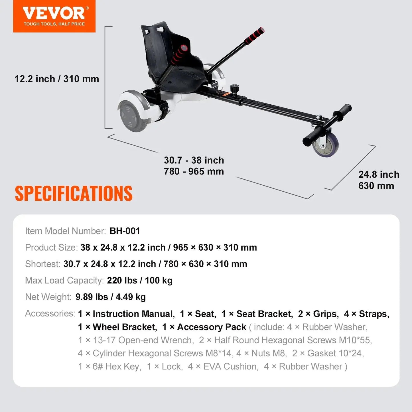 VEVOR Hoverboard Seat Attachment, Compatible with All 6.5" 8" 8.5" 10" Hoverboards, Grips Control, Adjustable Frame Length and 220 LBS Load Capacity, Hover Board Go Karts Accessory, for Kids Adults