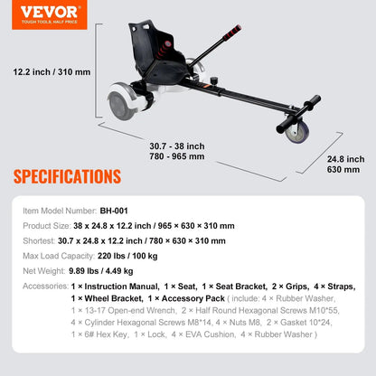 VEVOR Hoverboard Seat Attachment, Compatible with All 6.5" 8" 8.5" 10" Hoverboards, Grips Control, Adjustable Frame Length and 220 LBS Load Capacity, Hover Board Go Karts Accessory, for Kids Adults