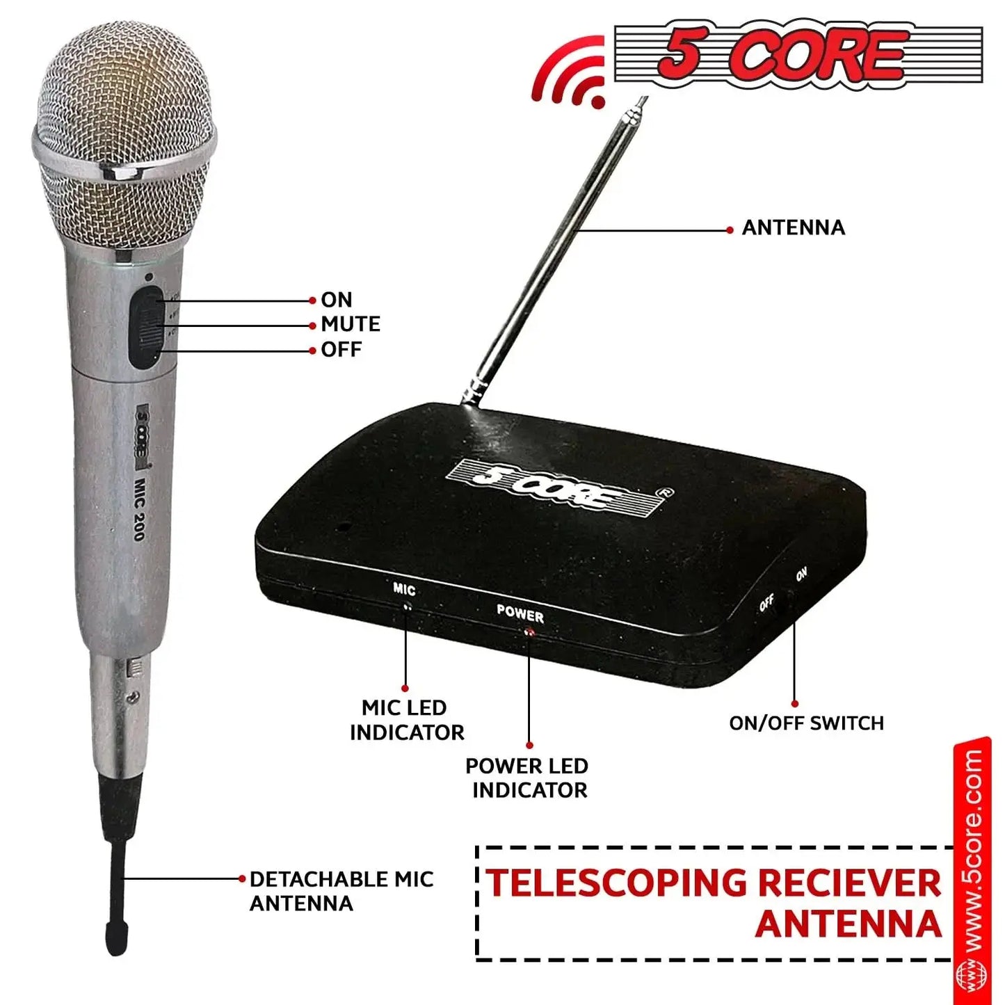 5Core Wireless Microphone Dual Function Wireless - Wired Microphone Microfono Inalambrico