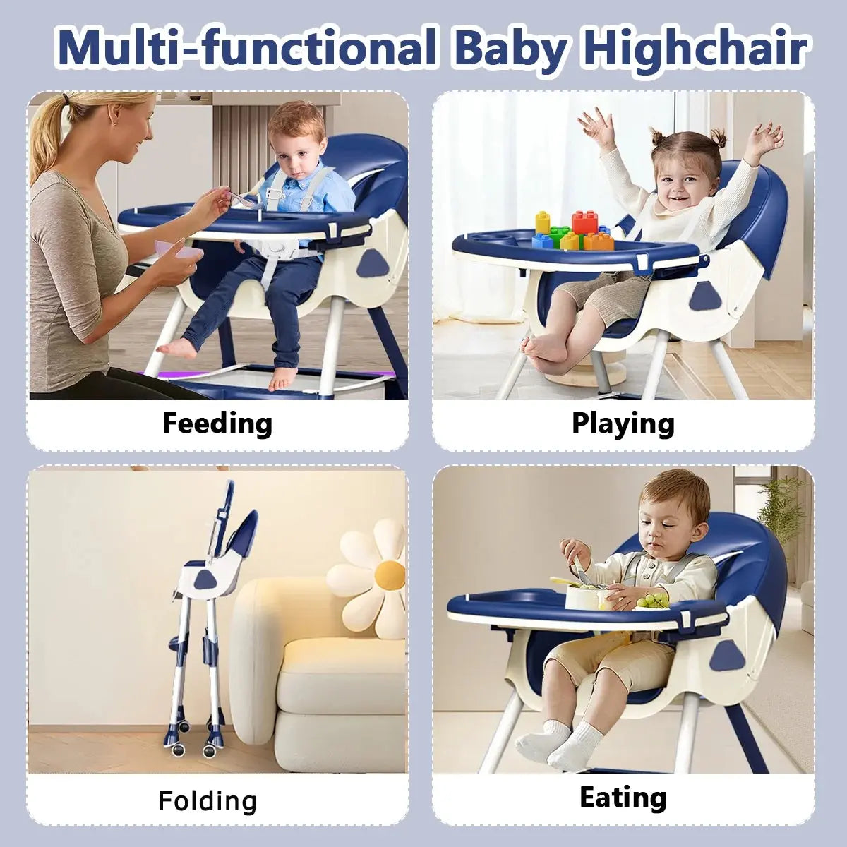 Portable High Chair with Wheels, Foldable Travel High Chair for Babies Toddlers, Blue