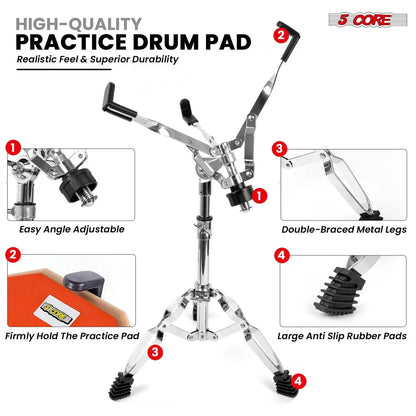 5 Core Drum Practice Pad Set 12" Adjustable Snare Drumming Stand Double Sided Silent Drummer Kit ORANGE