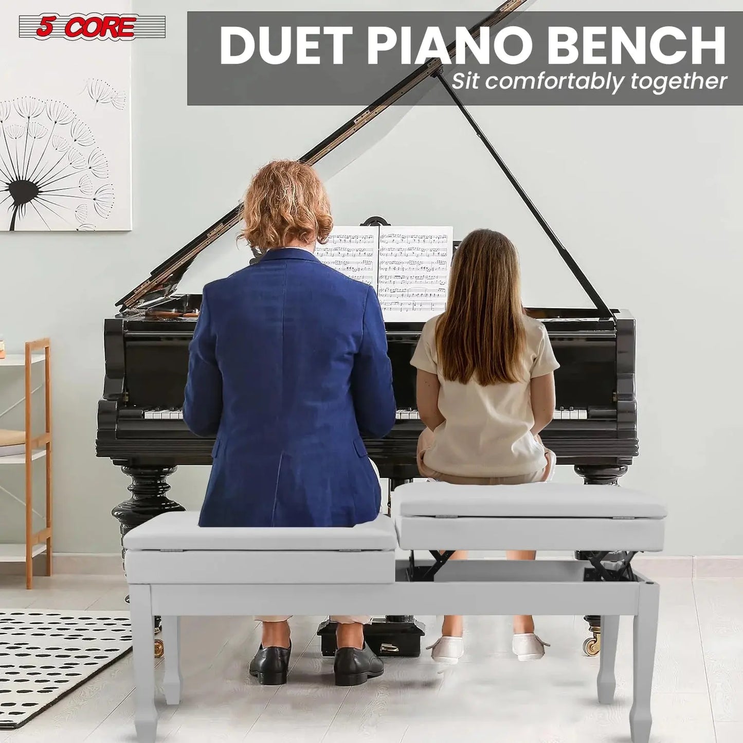 5CORE Duet Piano Bench W Storage for Two Wooden Adjustable Keyboard Stool - Adults & Kids