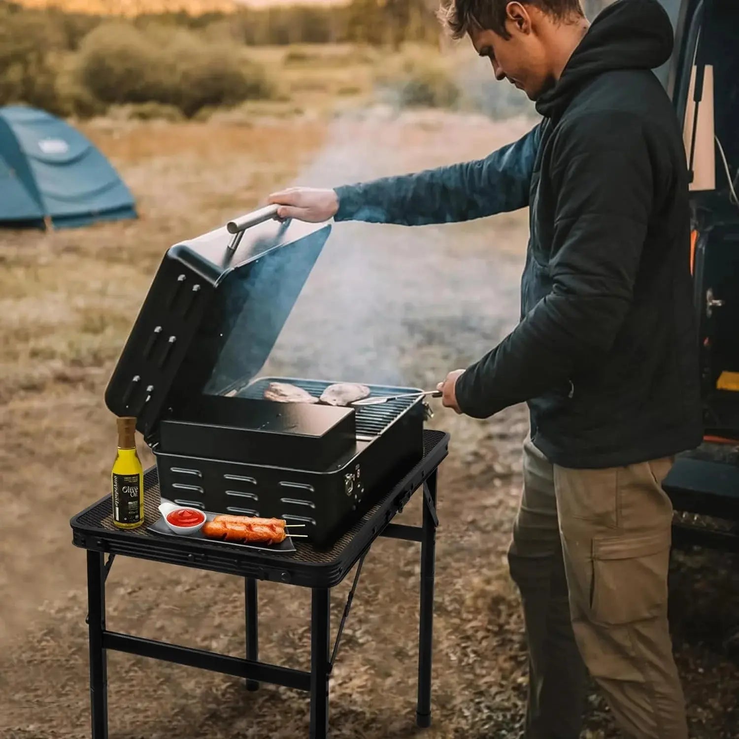 Lightweight Folding Grill Table with Mesh Desktop, Black