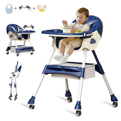 Portable High Chair with Wheels, Foldable Travel High Chair for Babies Toddlers, Blue