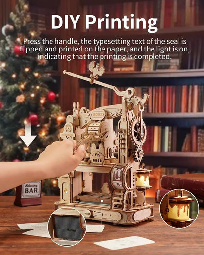 Rokr 3D Wooden Puzzle Model Kits Classic Printing Press Mechanical Gears for Adults